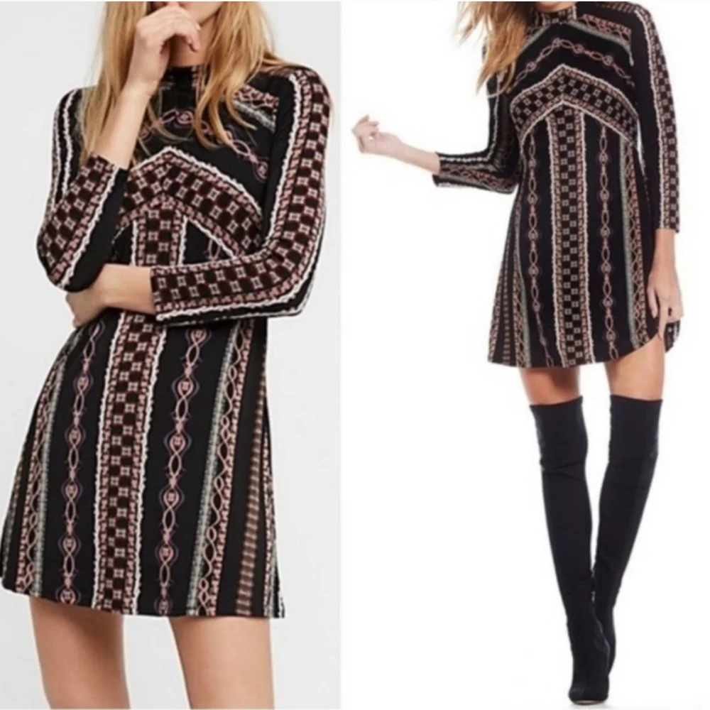 NWT Free People Stella knit Black and Pink Patterned Mini Dress